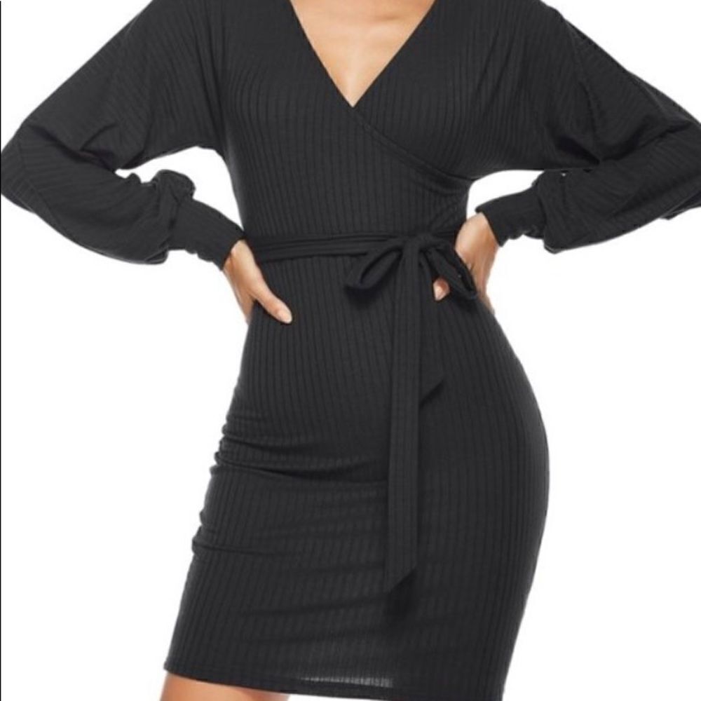 Lantern Sleeve V-Neck Rib Knit MIDI  Dress